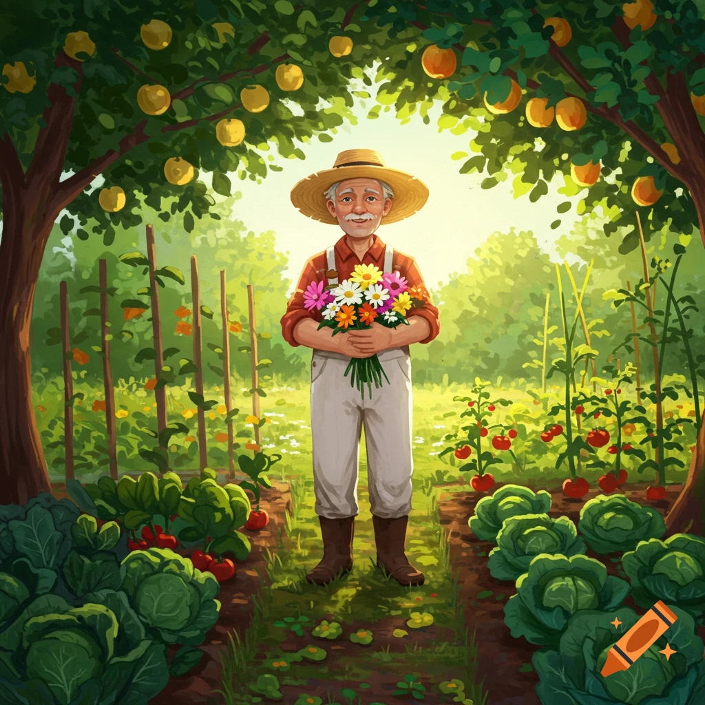 Happy elderly gardener in a straw hat holds colorful flowers in a lush garden with trees, cabbage, and tomatoes. Illustrated style.