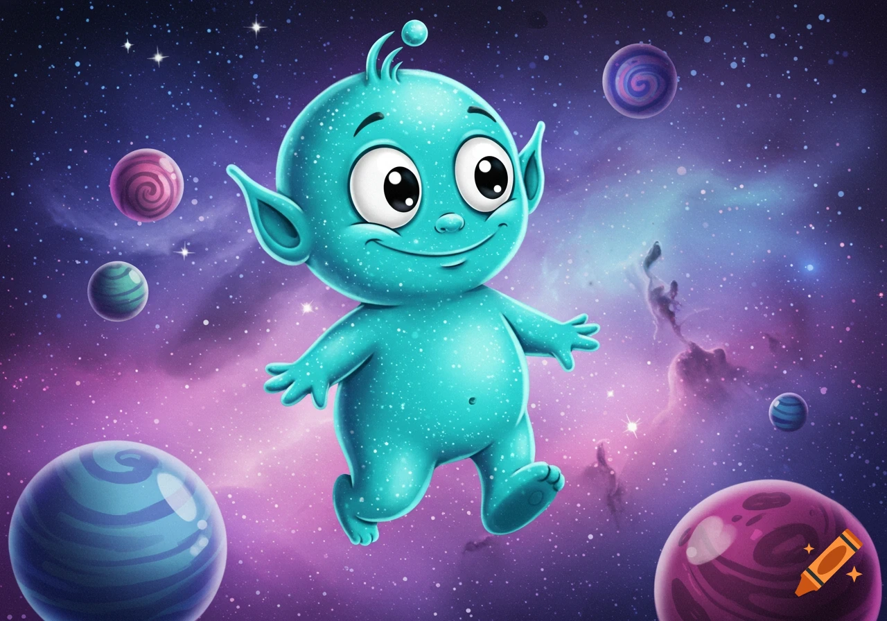A cute teal alien with large eyes and a smile floats in a colorful, starry space filled with planets.