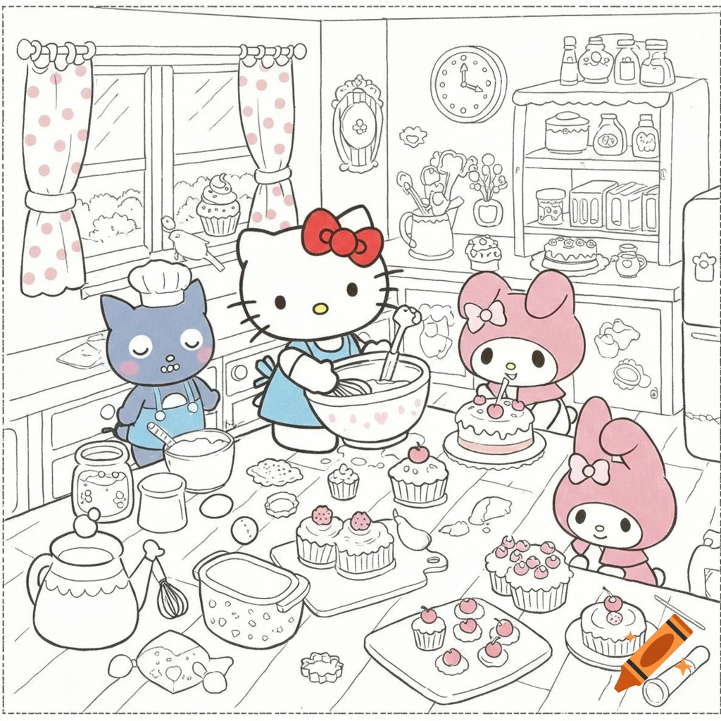 Hello Kitty, My Melody, and Kuromi baking in a kitchen, in a black and white coloring book style line art.