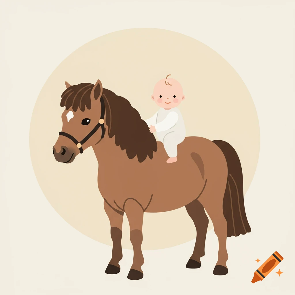 A simple, light brown cartoon illustration of a baby with a curl on its head riding a brown horse.