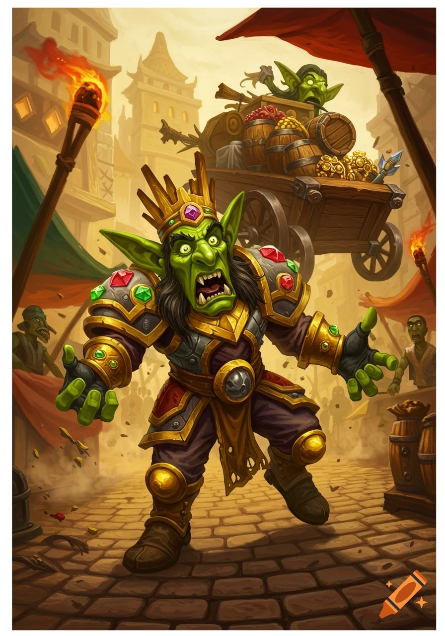 A green goblin king in golden armor stands on a cobblestone street as a cart filled with gold and another goblin approaches.