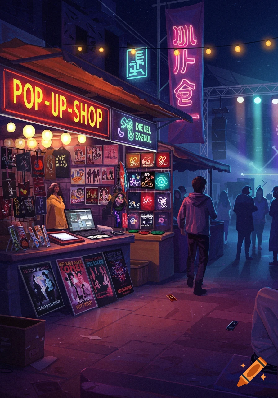 A vibrant digital art illustration of a pop-up shop at night near a concert, with neon signs, merch displays, and people in the background.