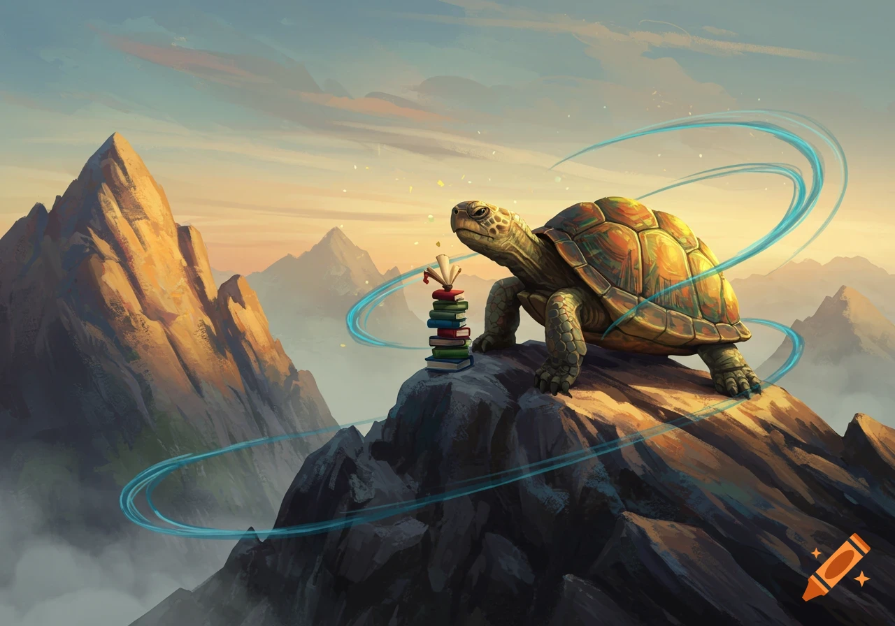 An illustrative fantasy image of a large turtle sitting on a mountain peak next to a stack of books, with blue energy swirling around it.