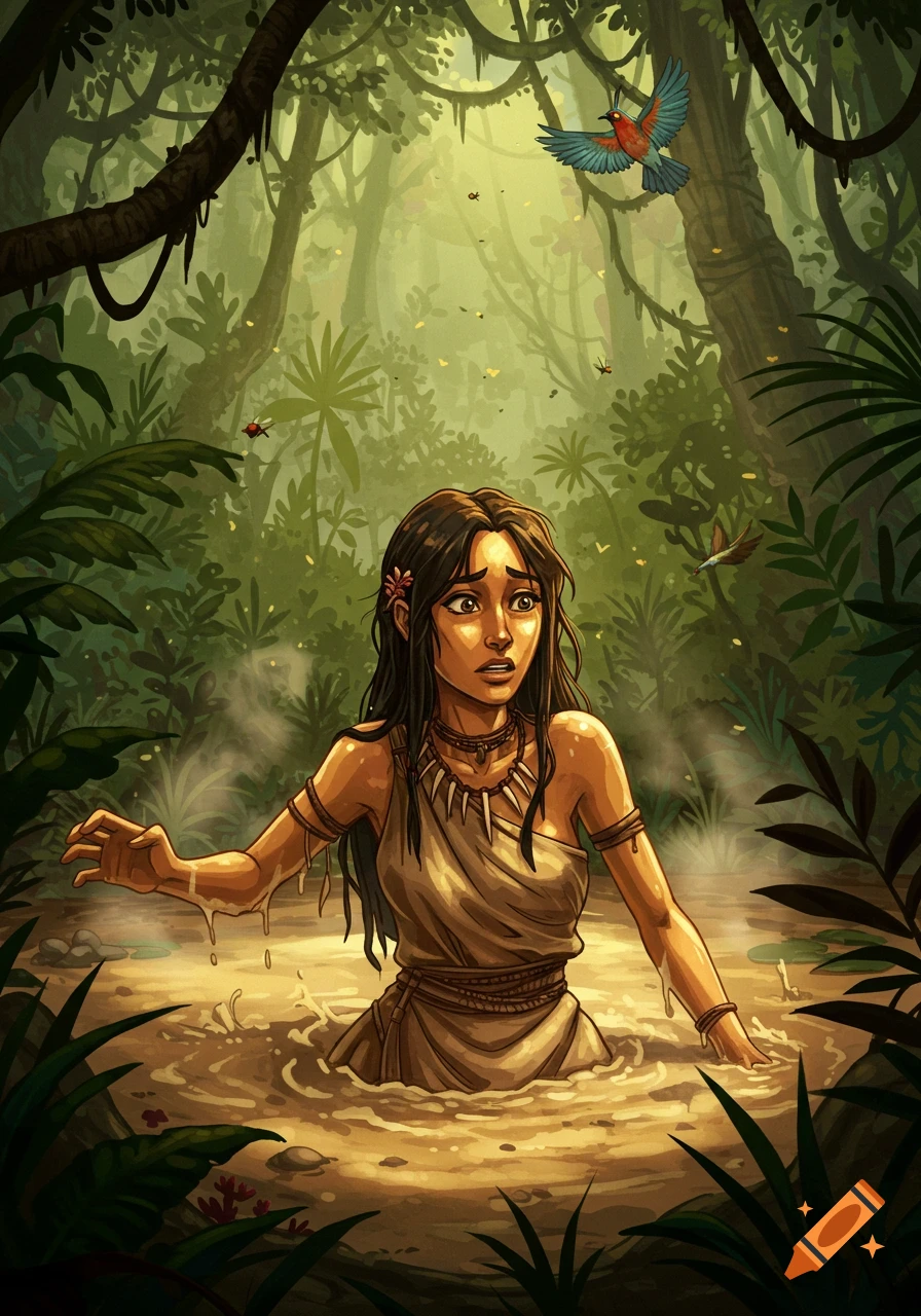 An illustrated jungle girl, looking scared, stands partially submerged in muddy water amidst a dense, lush jungle.