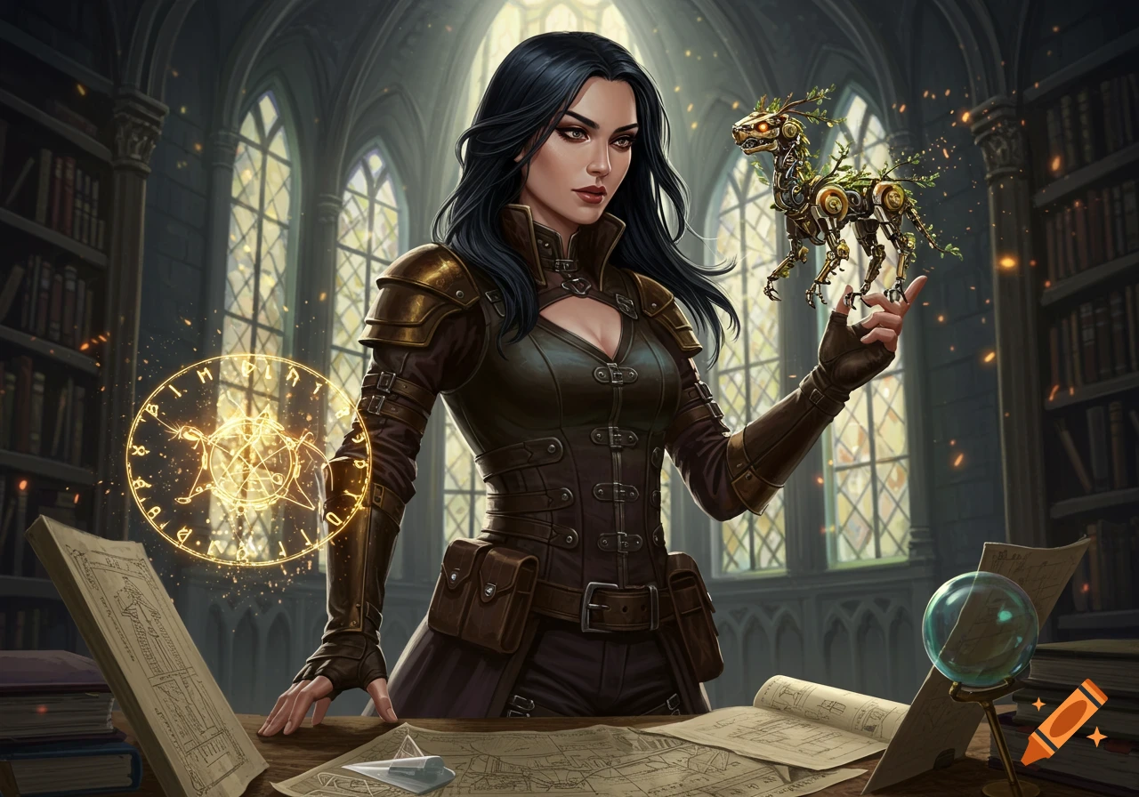 A dark-haired woman in a steampunk outfit stands in a library, holding a small mechanical dog and casting a glowing magical circle.