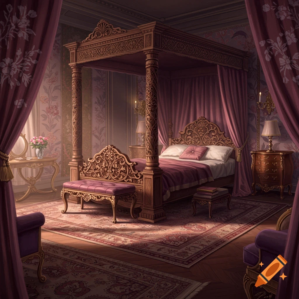 Luxurious Victorian bedroom with an ornate four-poster bed, mauve and pink bedding, patterned wallpaper, and elegant wooden furniture.
