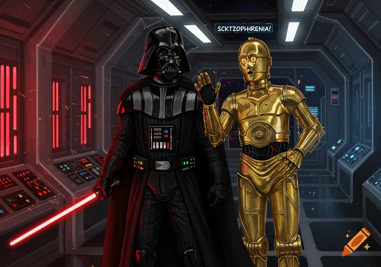 Darth Vader with a red lightsaber stands next to C-3PO in a spaceship corridor. C-3PO has a speech bubble that says "SCKTZOPHRENIA!".