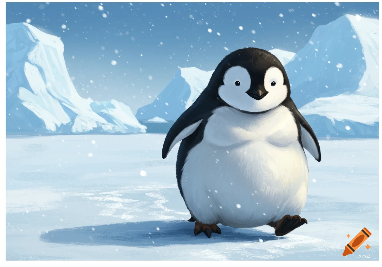 A cute, chubby cartoon penguin waddles through a snowy, arctic landscape with icebergs in the background.