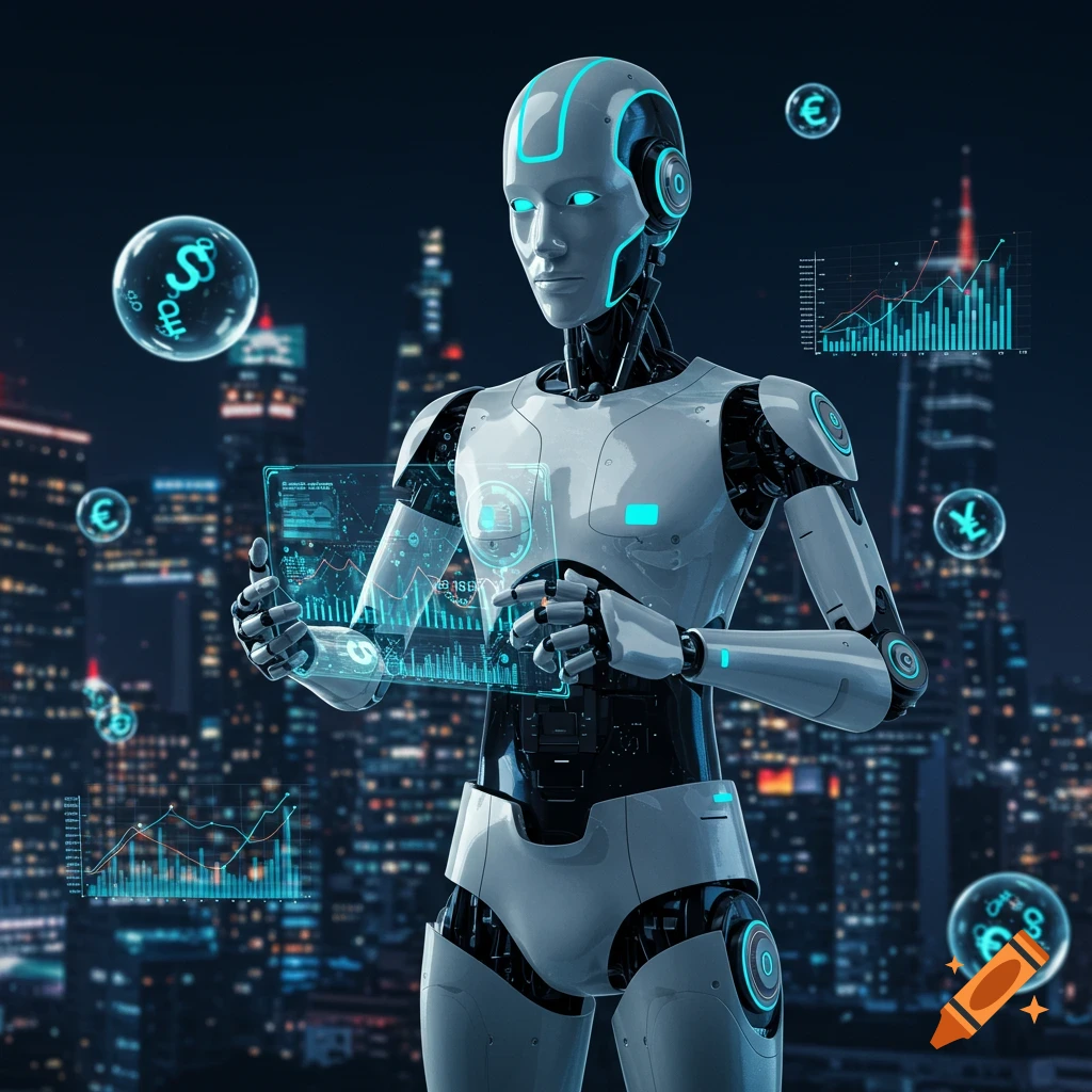 A white and black futuristic robot stands in a city at night, holding a transparent tablet displaying financial data and charts. Currency symbols float around.