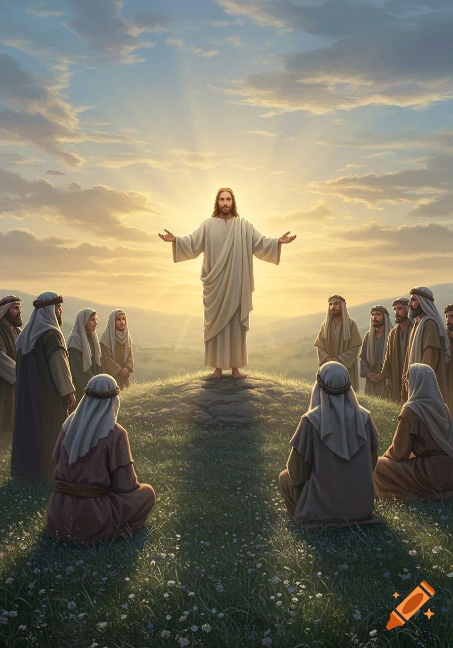Jesus stands on a hill with arms outstretched, light shining down on him, surrounded by a group of followers at sunset.