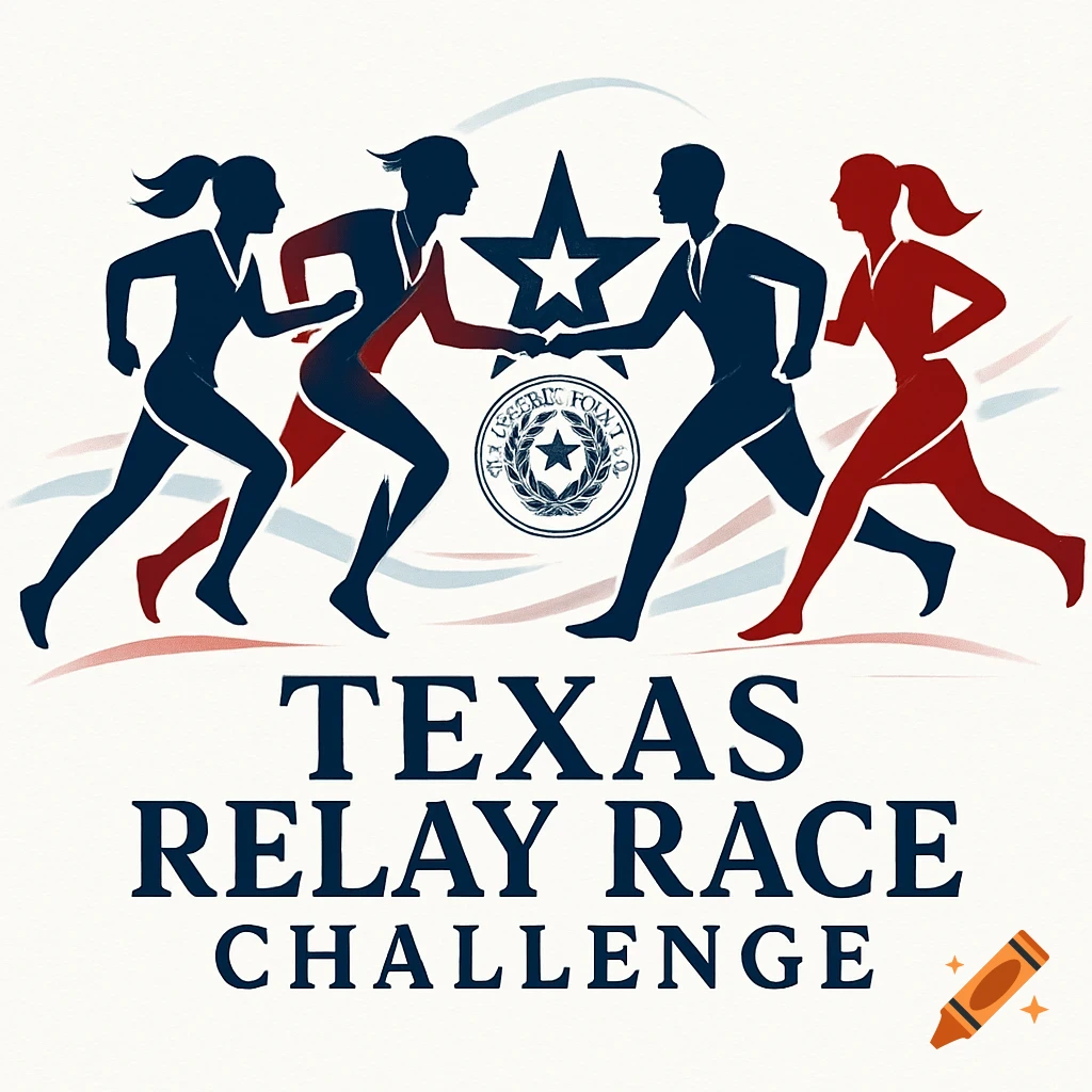 A logo for a relay race featuring four stylized runners, two in blue and two in red, with a blue star and an emblem. The text reads 'TEXAS RELAY RACE CHALLENGE'.