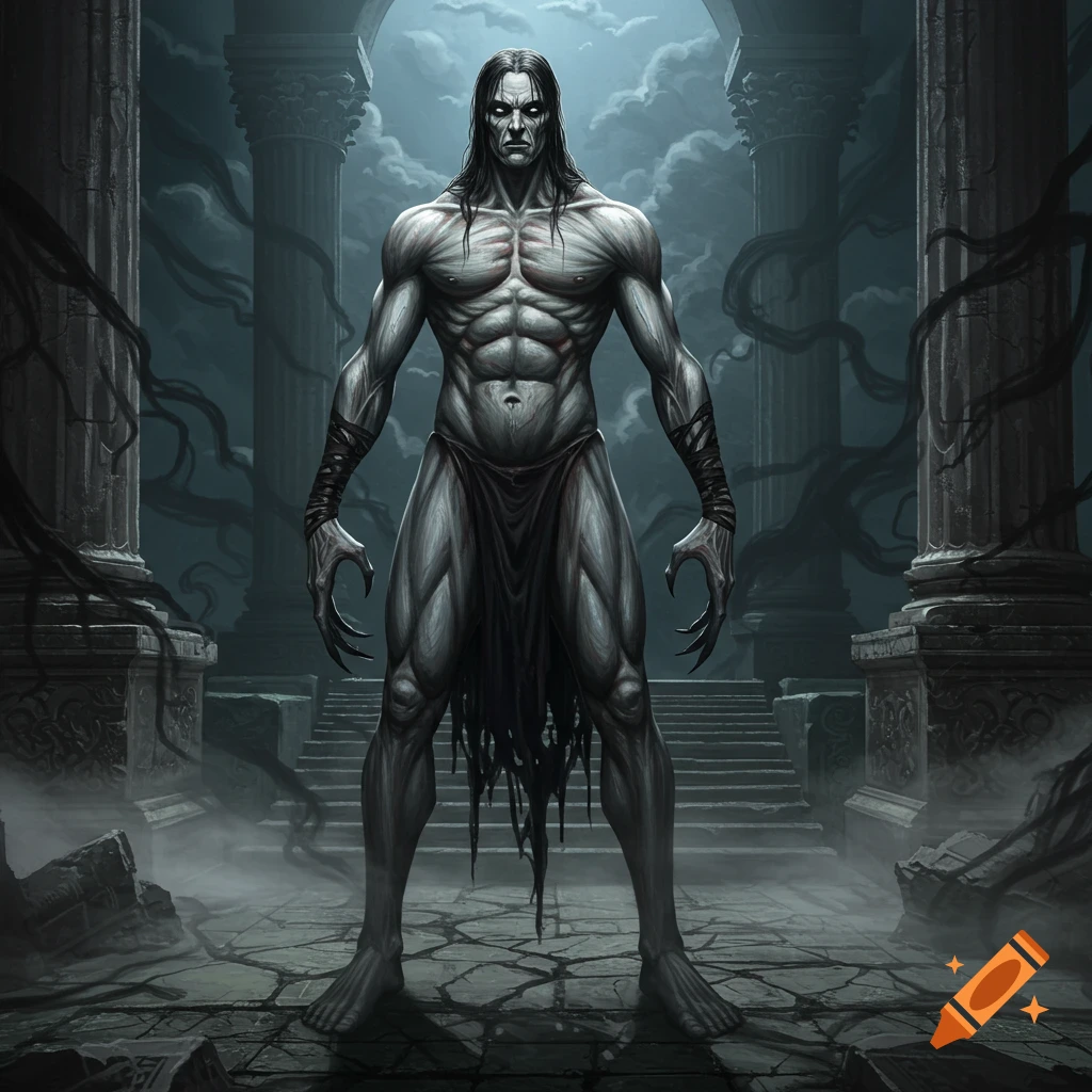 A towering, gaunt humanoid creature with ash-gray skin and long black hair stands in the ruins of an ancient temple.
