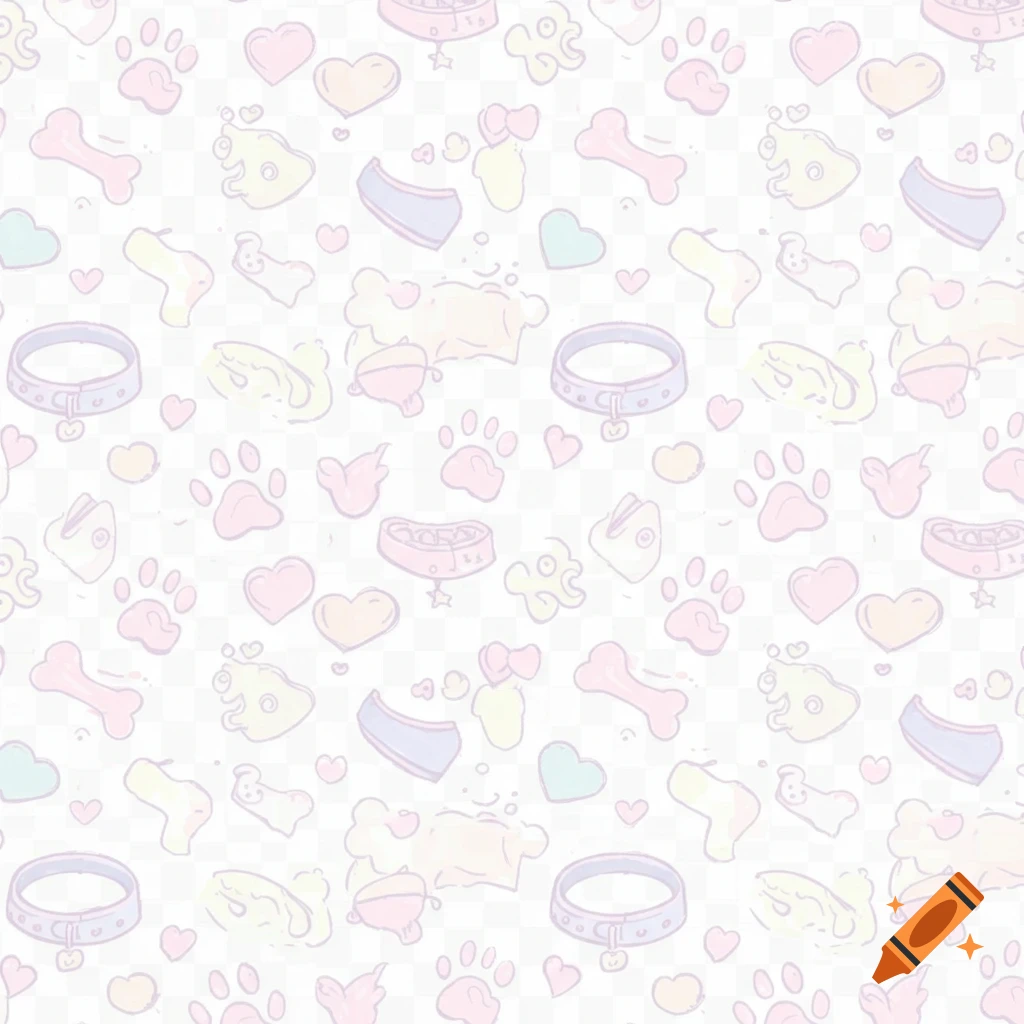 A seamless pattern featuring pastel-colored doodles of paw prints, dog collars, hearts, and bones on a transparent background.