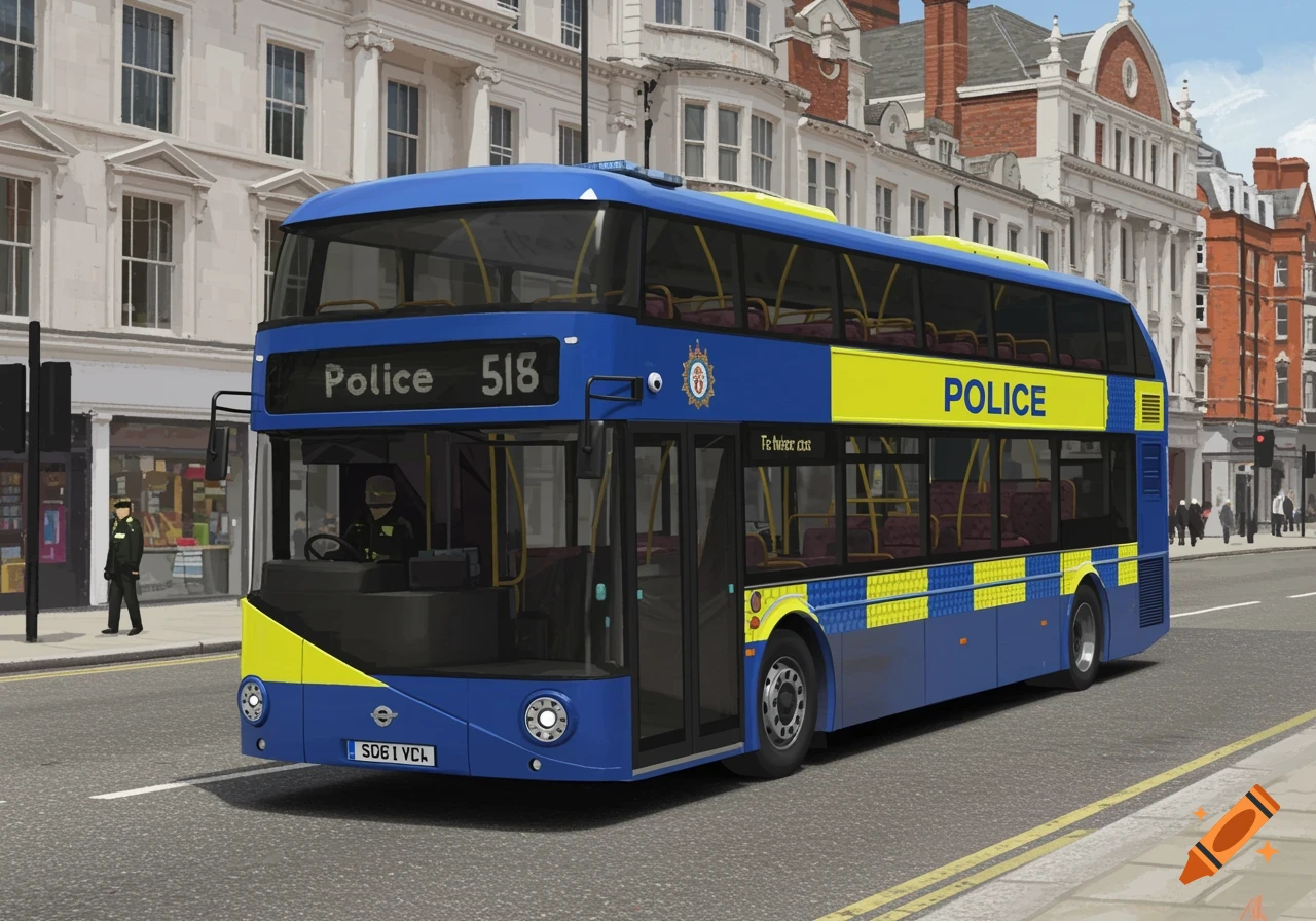 A large blue double-decker bus, painted with yellow "POLICE" text and checkered patterns, drives on a city street past classic buildings.