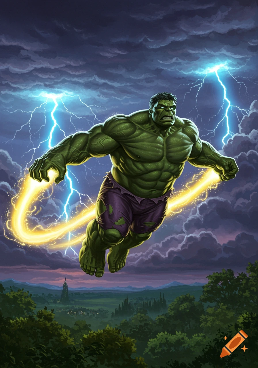 The Hulk, green and muscular, flies through a stormy sky with lightning and a glowing energy trail, above a dark landscape.