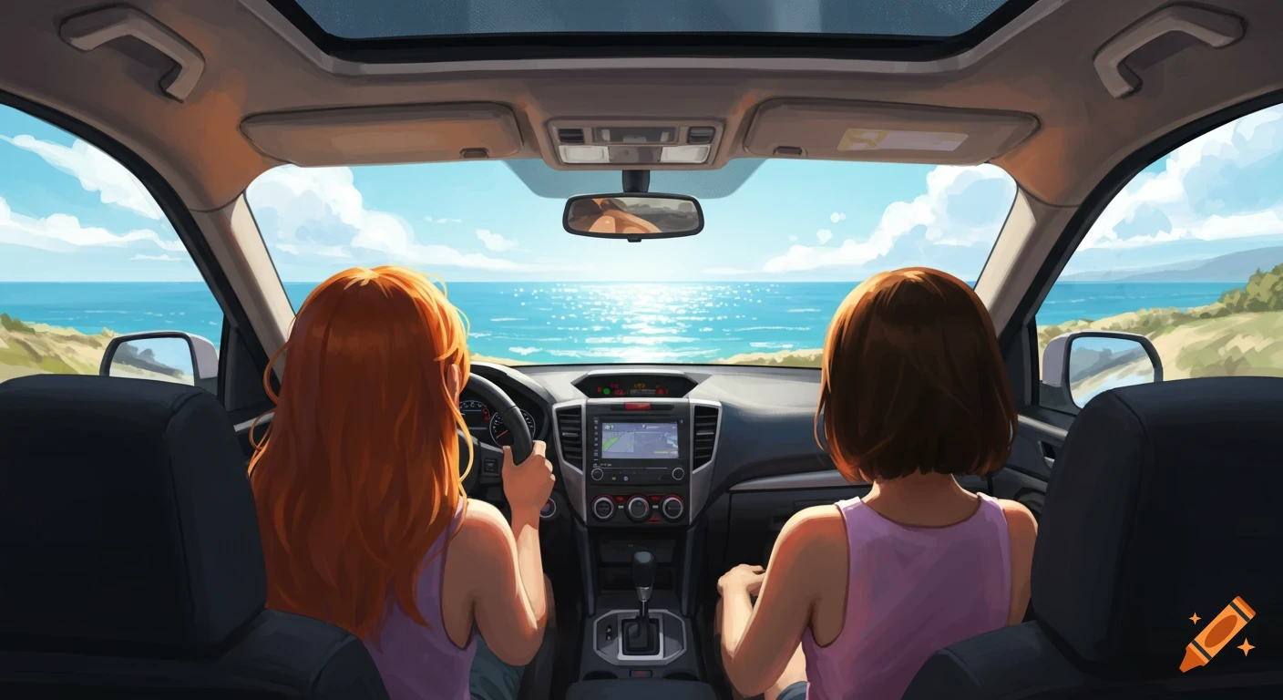 View from the back seat of a car showing two women driving along a coastal road with the ocean visible ahead, in an anime style.