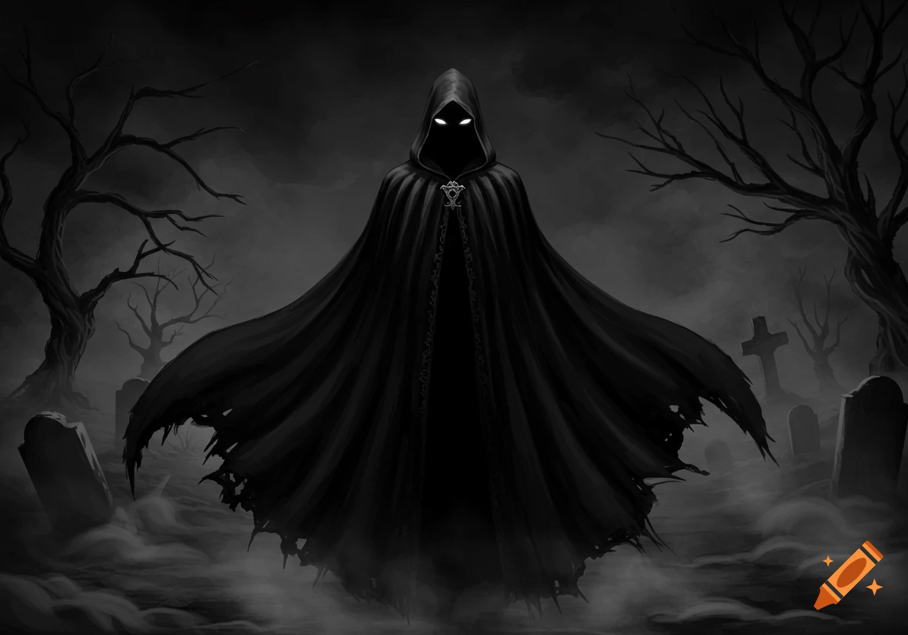 A mysterious hooded figure with glowing eyes stands in a dark, foggy graveyard with bare trees and tombstones in a black and white, gothic style.