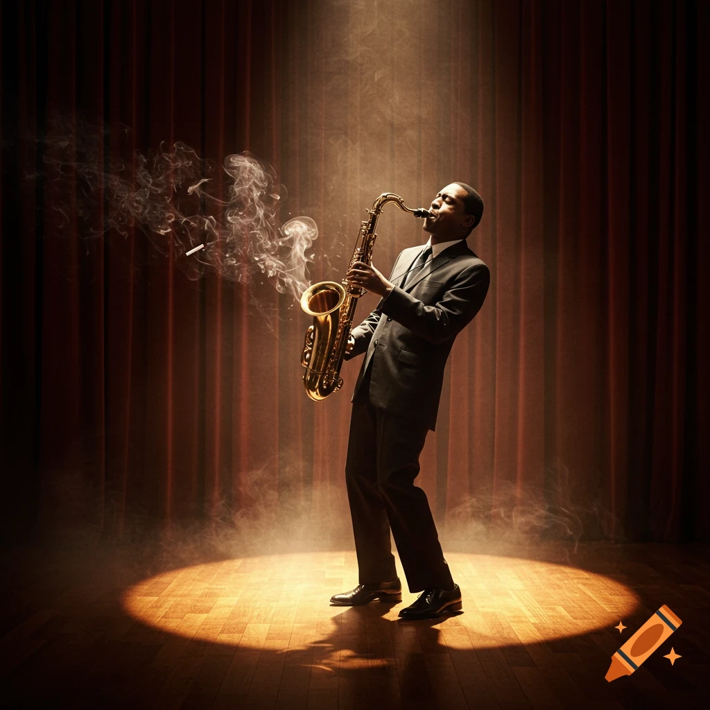 A man in a suit plays a saxophone on a stage under a spotlight, with red curtains in the background and smoke rising.