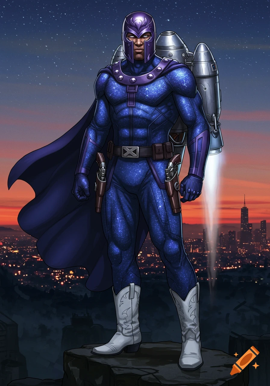 A Black man in a blue sparkly superhero suit with a purple helmet, cape, jetpack, and cowboy boots stands on a ledge overlooking a city at sunset.