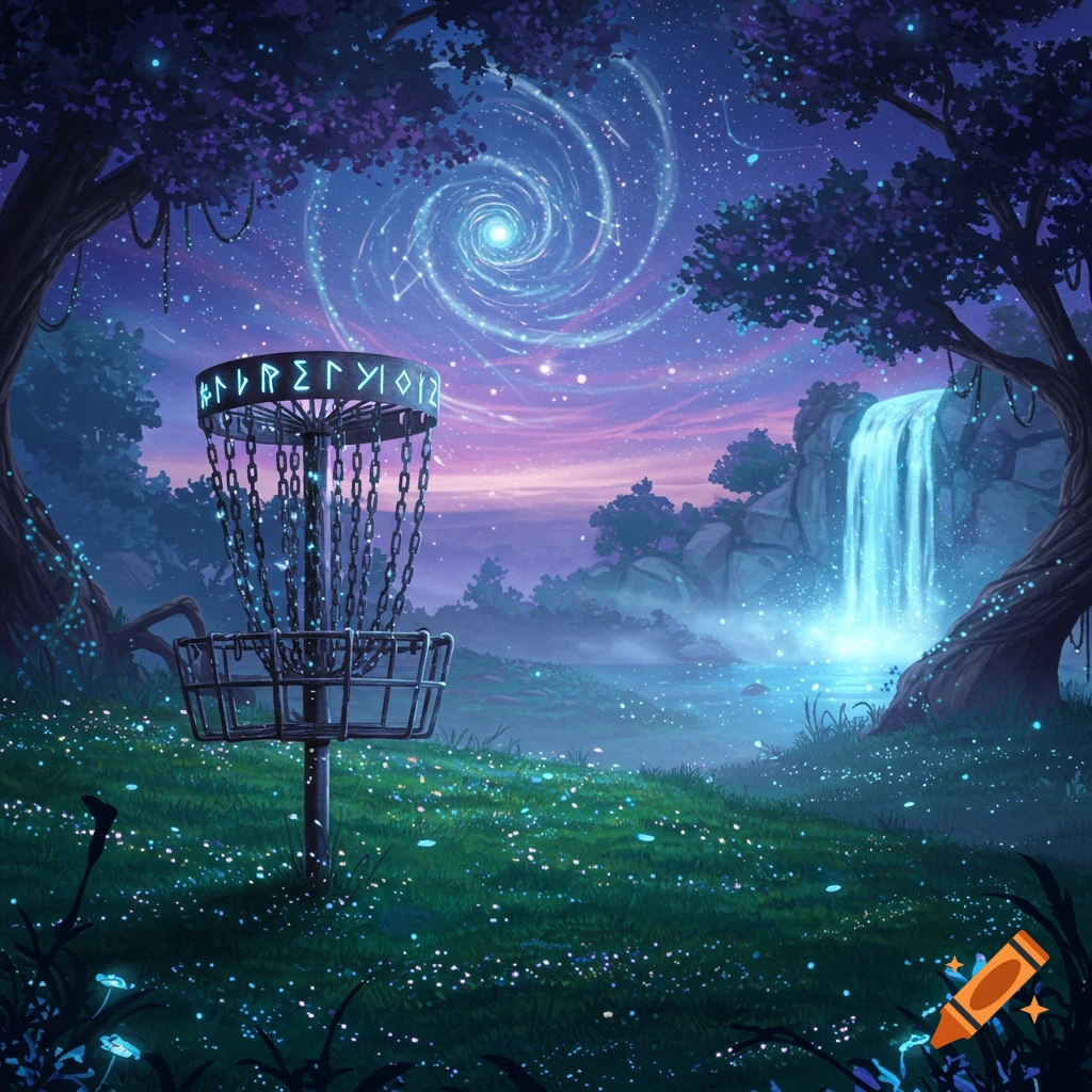 A disc golf basket in a vibrant, magical forest with glowing plants, a waterfall, and a swirling galaxy in a purple and blue sky.