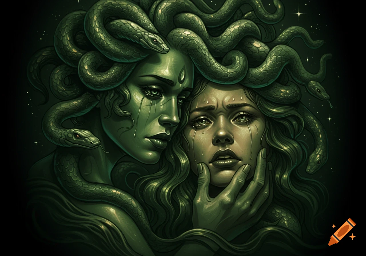 Dark illustrative artwork of Medusa with snakes for hair holding the tear-streaked face of a distraught woman.