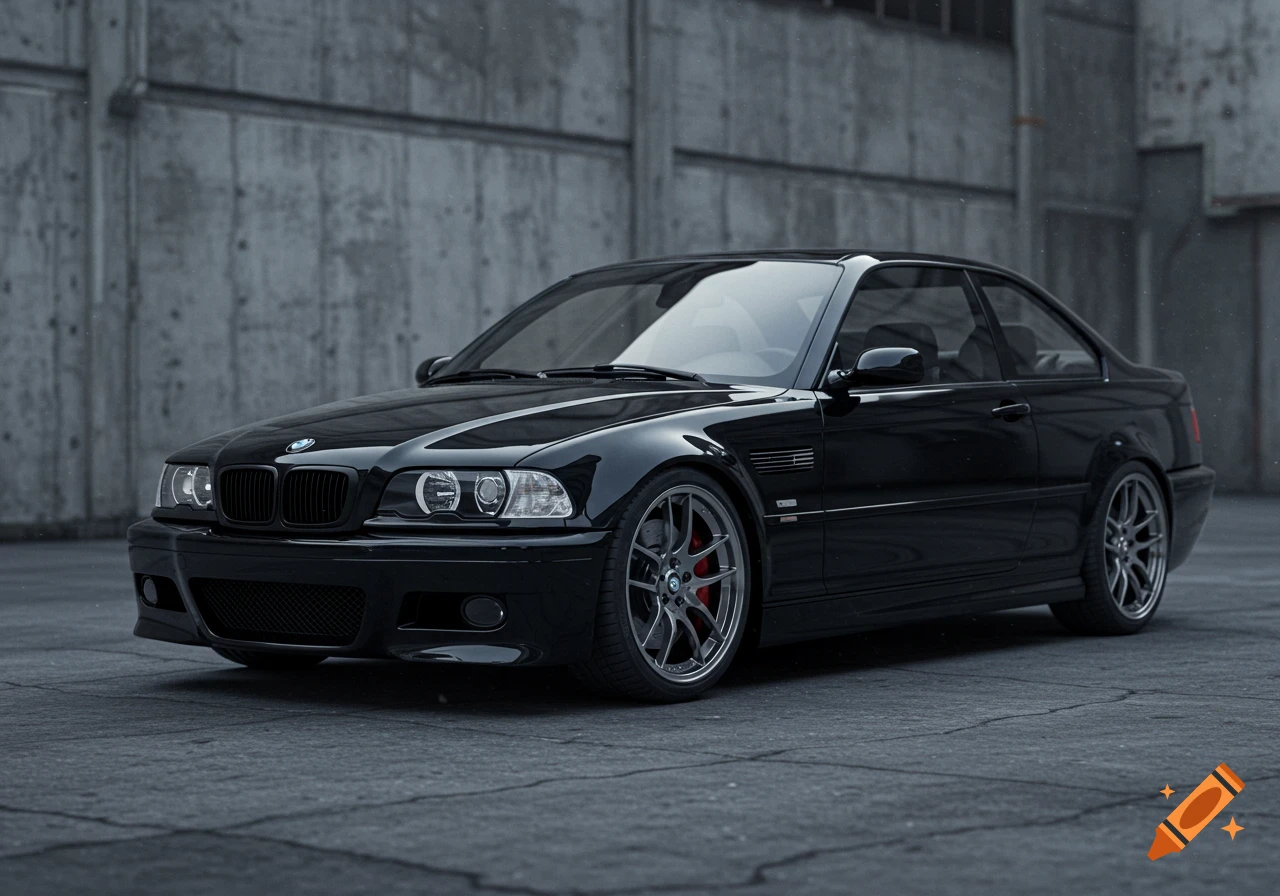 A black BMW M3 coupe with aftermarket wheels parked in front of a concrete wall.
