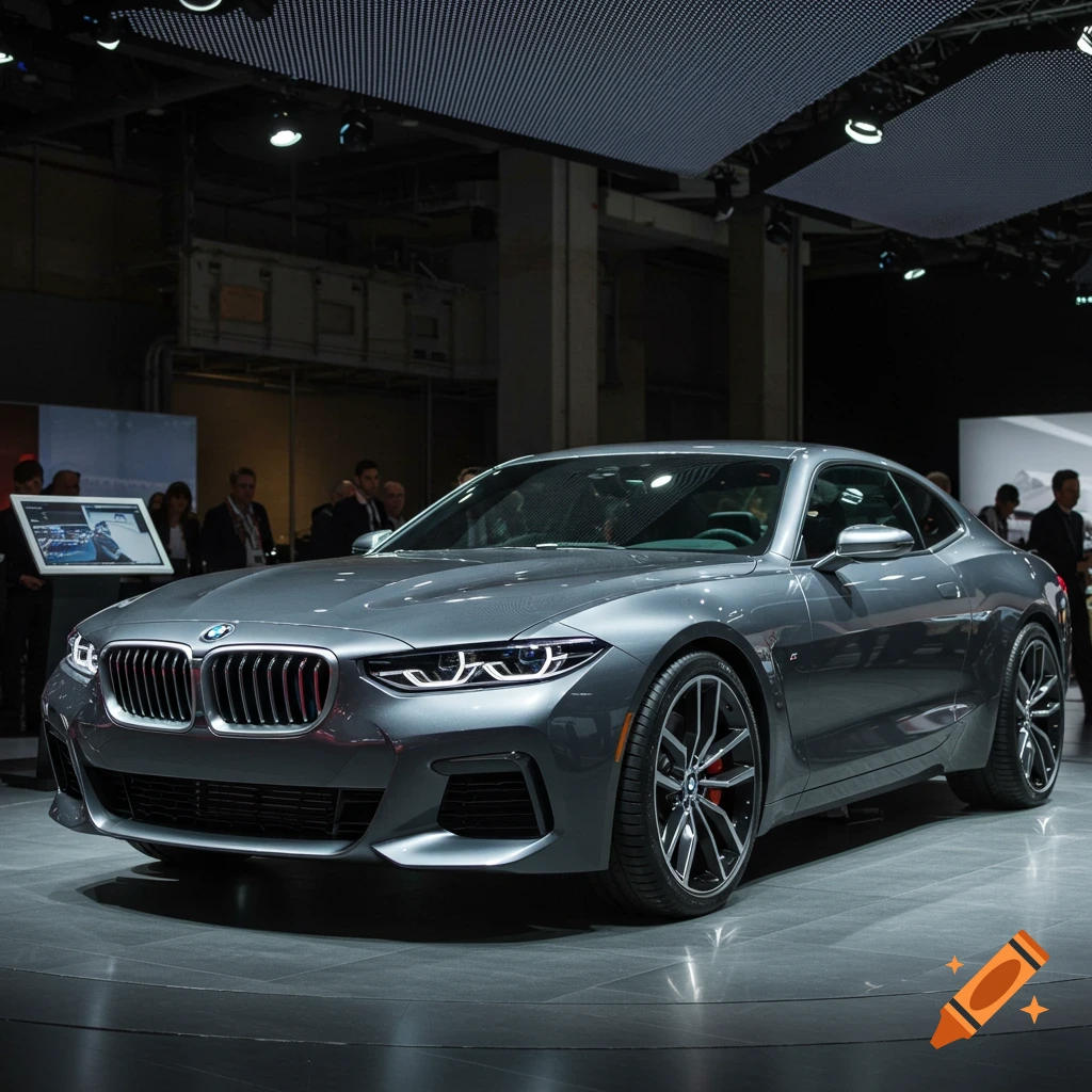 A photorealistic image of a gray BMW coupe concept car on display at an auto show.