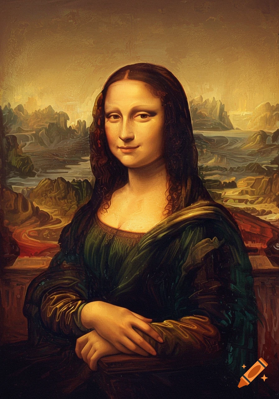 A classical oil painting portrait of Mona Lisa with her characteristic subtle smile, against a fantastical landscape background.
