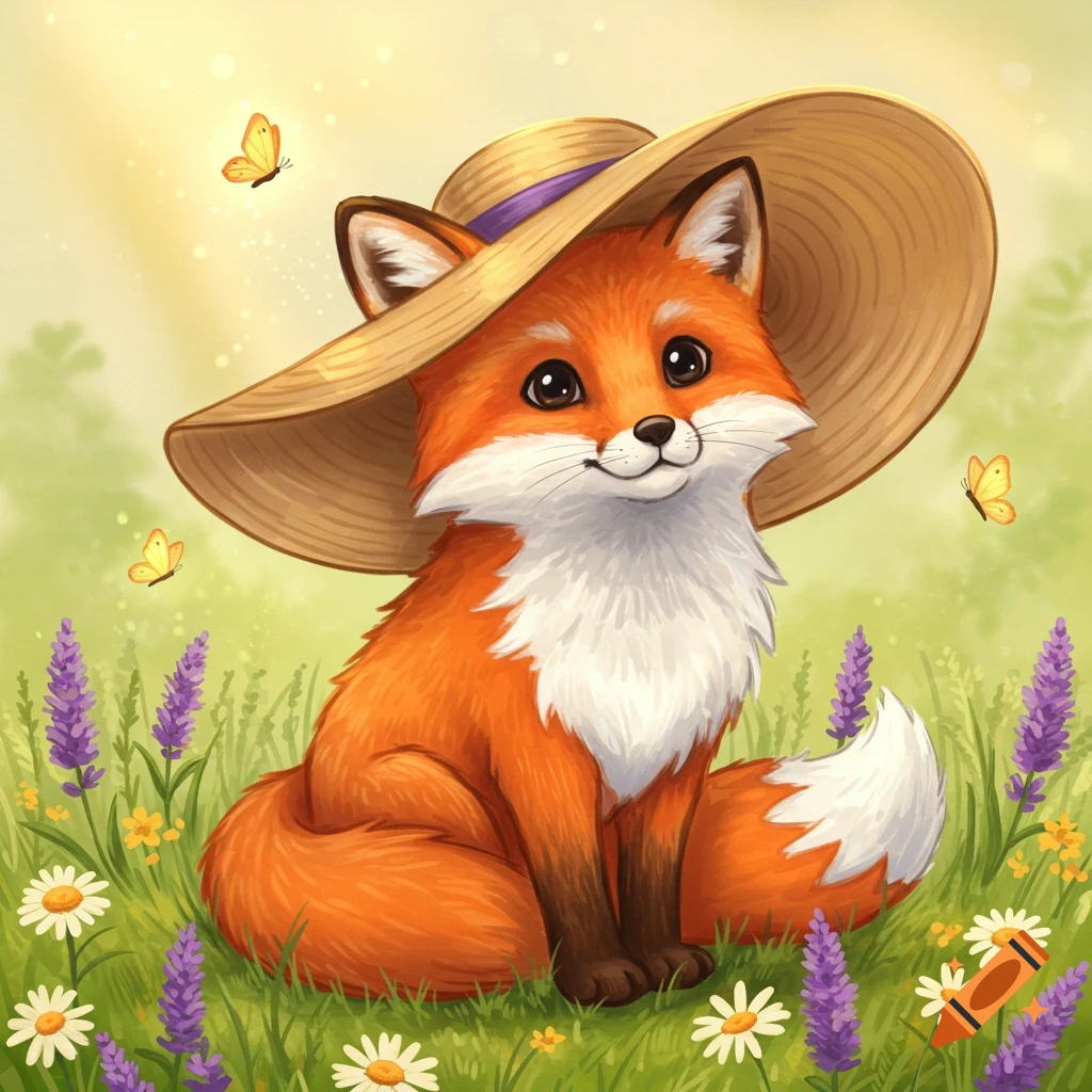 A cute cartoon fox wearing a straw hat sits in a field of purple lavender and white daisies with butterflies.