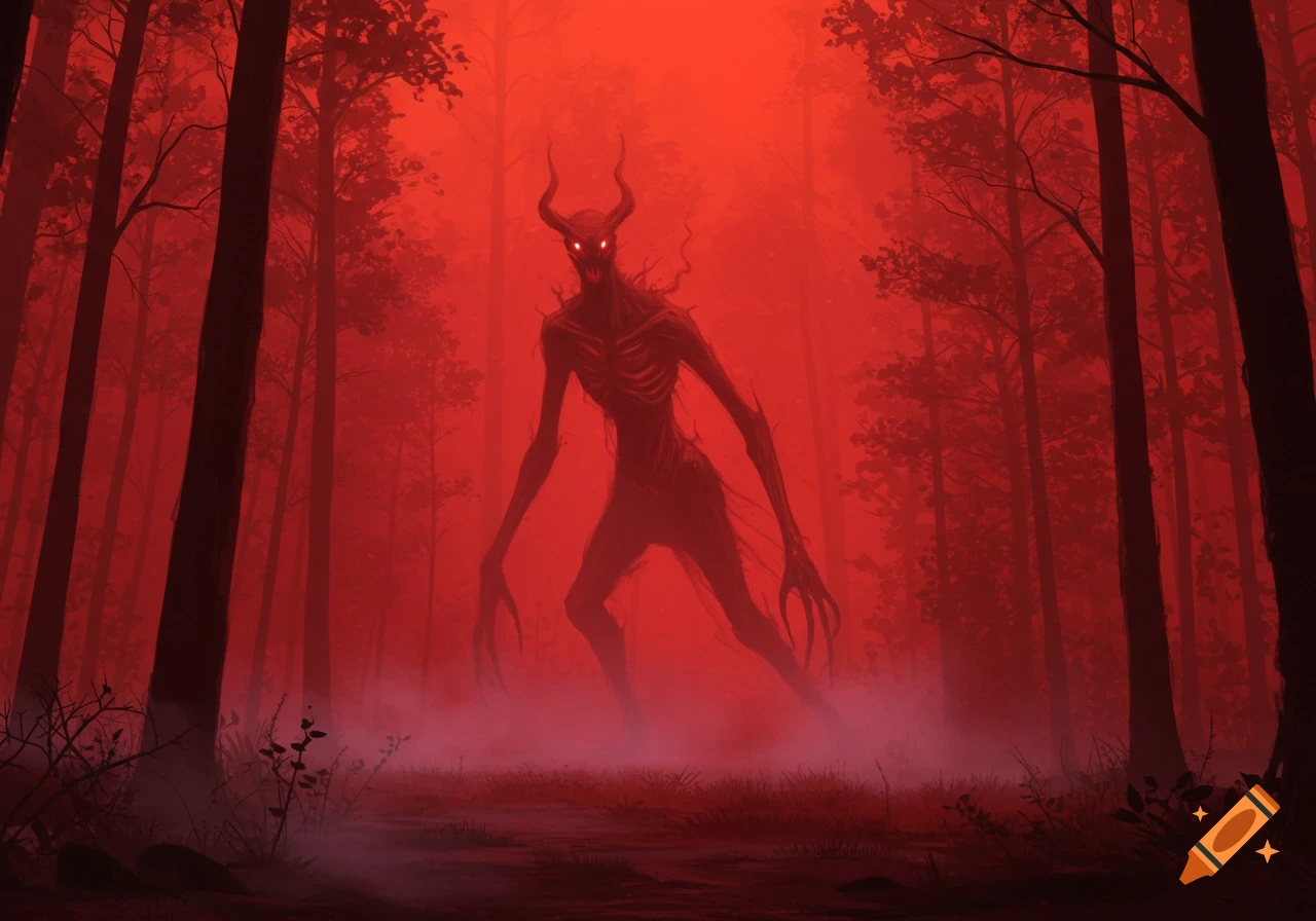 A monstrous, horned creature with glowing red eyes stands in a misty, blood-red forest. Stylized horror art.