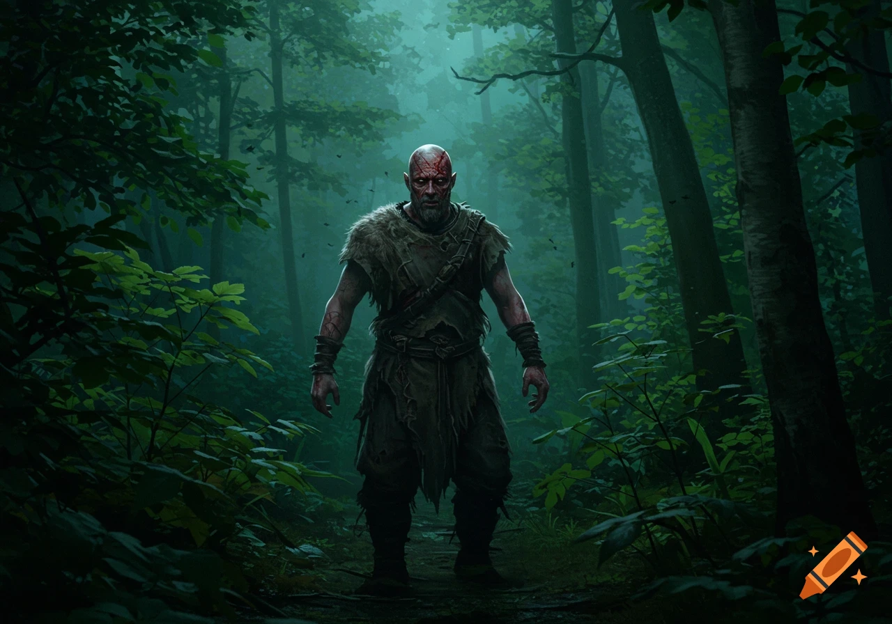 A scarred, bald warrior with a beard and ragged clothing stands in a dark, misty forest, illuminated by a pale light.