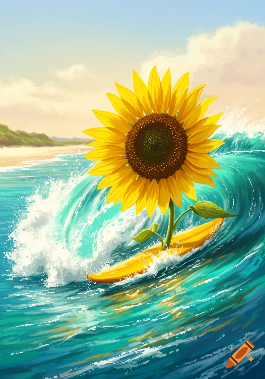 A vibrant sunflower on a yellow surfboard rides a large turquoise wave, with a sandy beach and hills in the background.