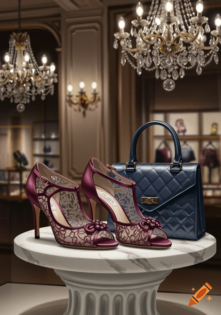 Two elegant burgundy high-heeled shoes with lace detailing and a quilted navy handbag displayed on a marble pedestal in a luxurious store.