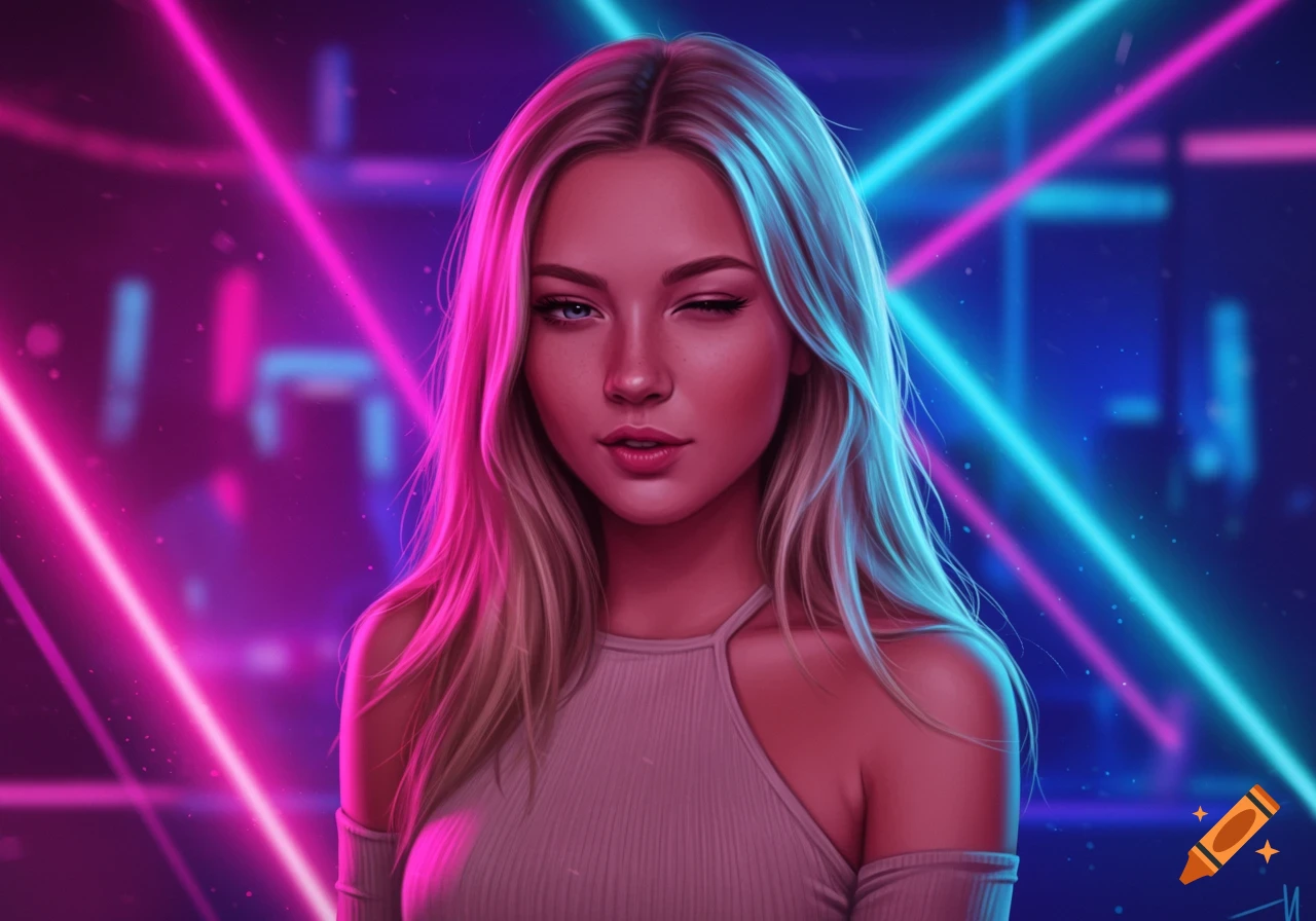 A winking blonde woman in an off-shoulder top illuminated by vibrant pink and blue neon lights in a digital art style.