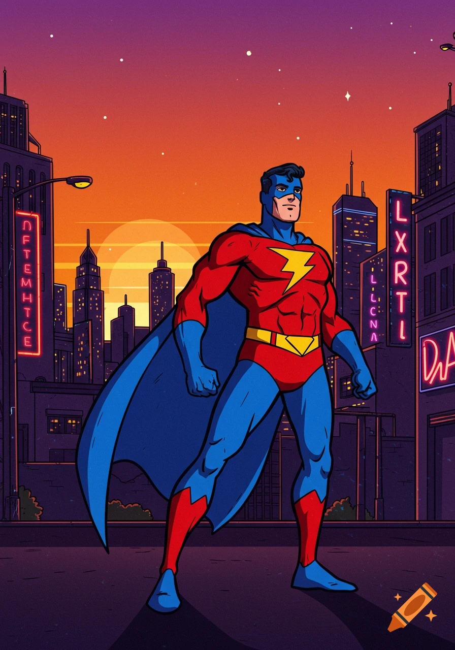 A superhero in a red and blue costume with a lightning bolt emblem stands in a city at sunset in a 90s animation style.