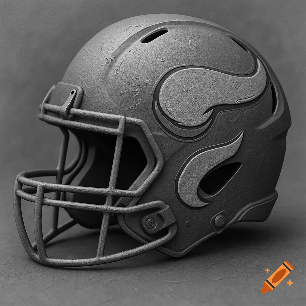 A grayscale depth map render of a Minnesota Vikings football helmet.
