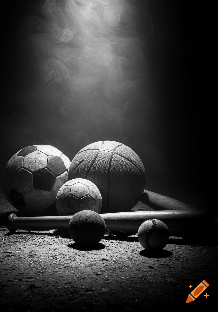 A collection of sports equipment, including a soccer ball, basketball, tennis ball, and baseball bats, dramatically lit in black and white with smoke.