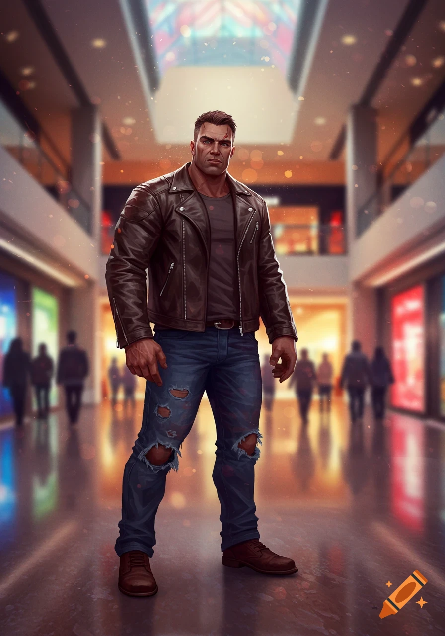 A muscular man in a brown leather jacket and ripped jeans stands in a blurry, brightly lit mall.
