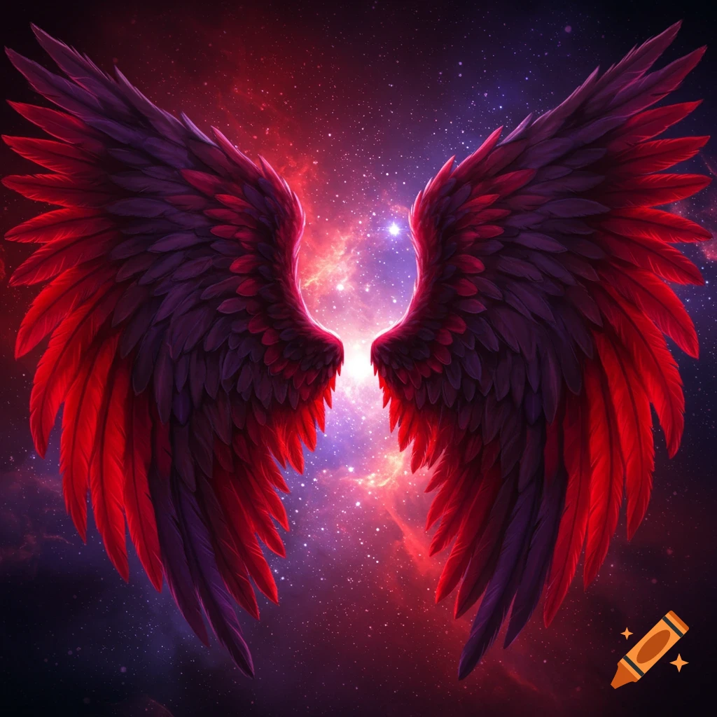 Detailed black and red angel wings spread against a vibrant purple and red cosmic nebula.