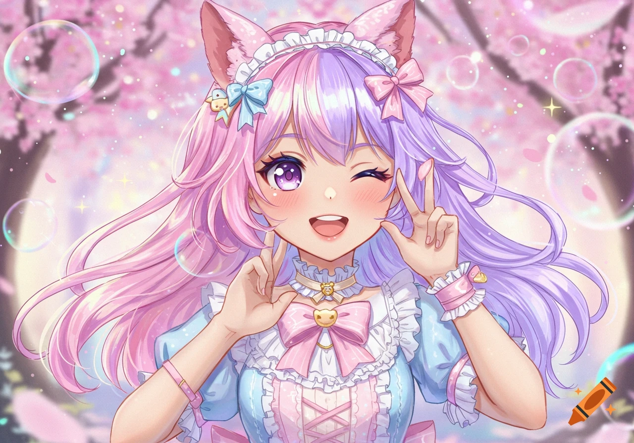 Anime girl with pink and purple hair, cat ears, and a blue frilly dress winking, making peace signs in a pink floral setting.