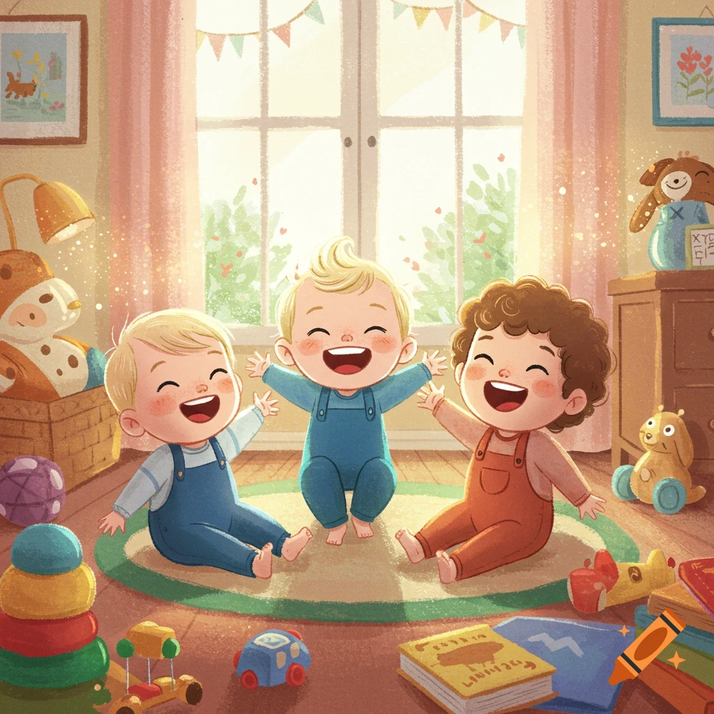 An illustration of three happy babies in colorful overalls sitting on a rug in a bright room filled with toys and sunlight.