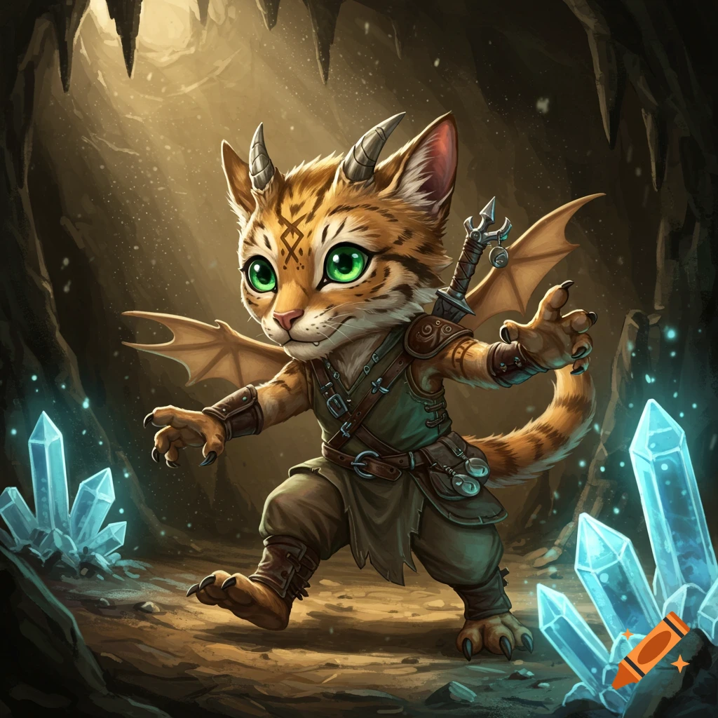 A cute cat-like fantasy creature with horns and wings, wearing adventurer gear, stands in a cave with glowing blue crystals.