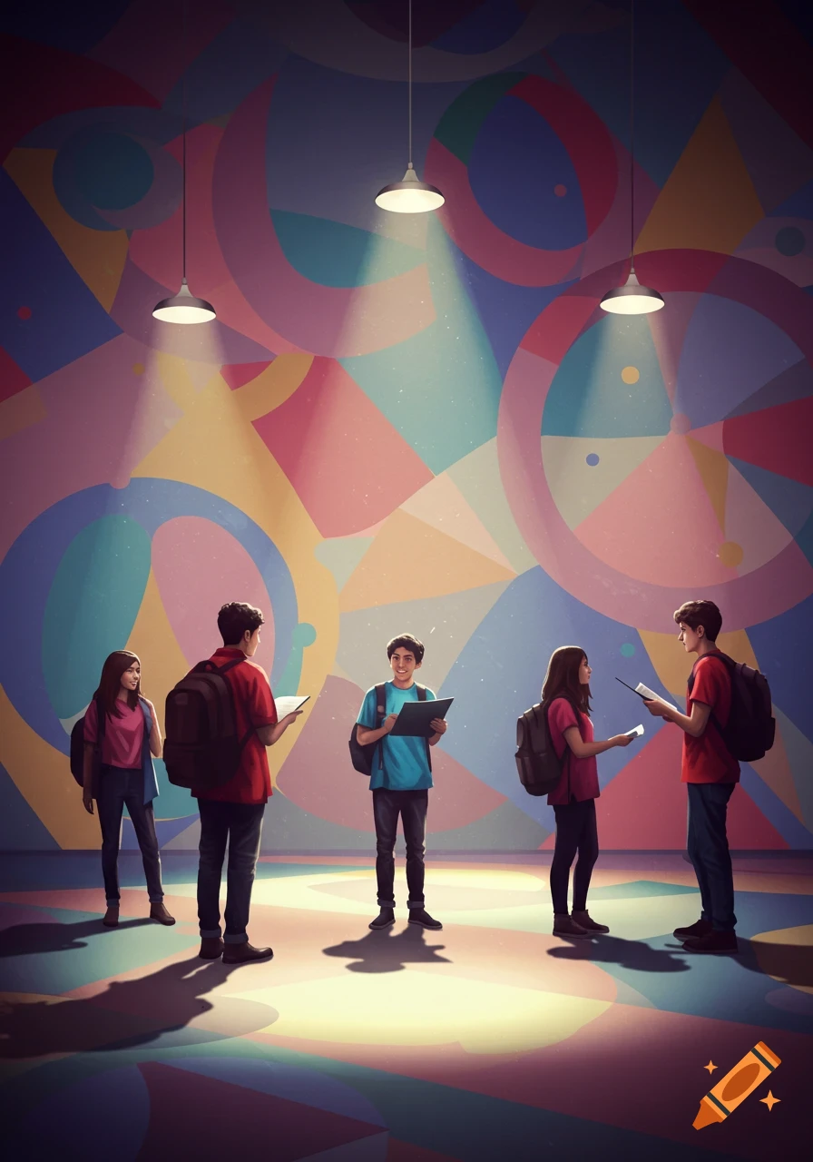 Five students stand in a room with a colorful geometric wall design, illuminated by spotlights, some holding books.