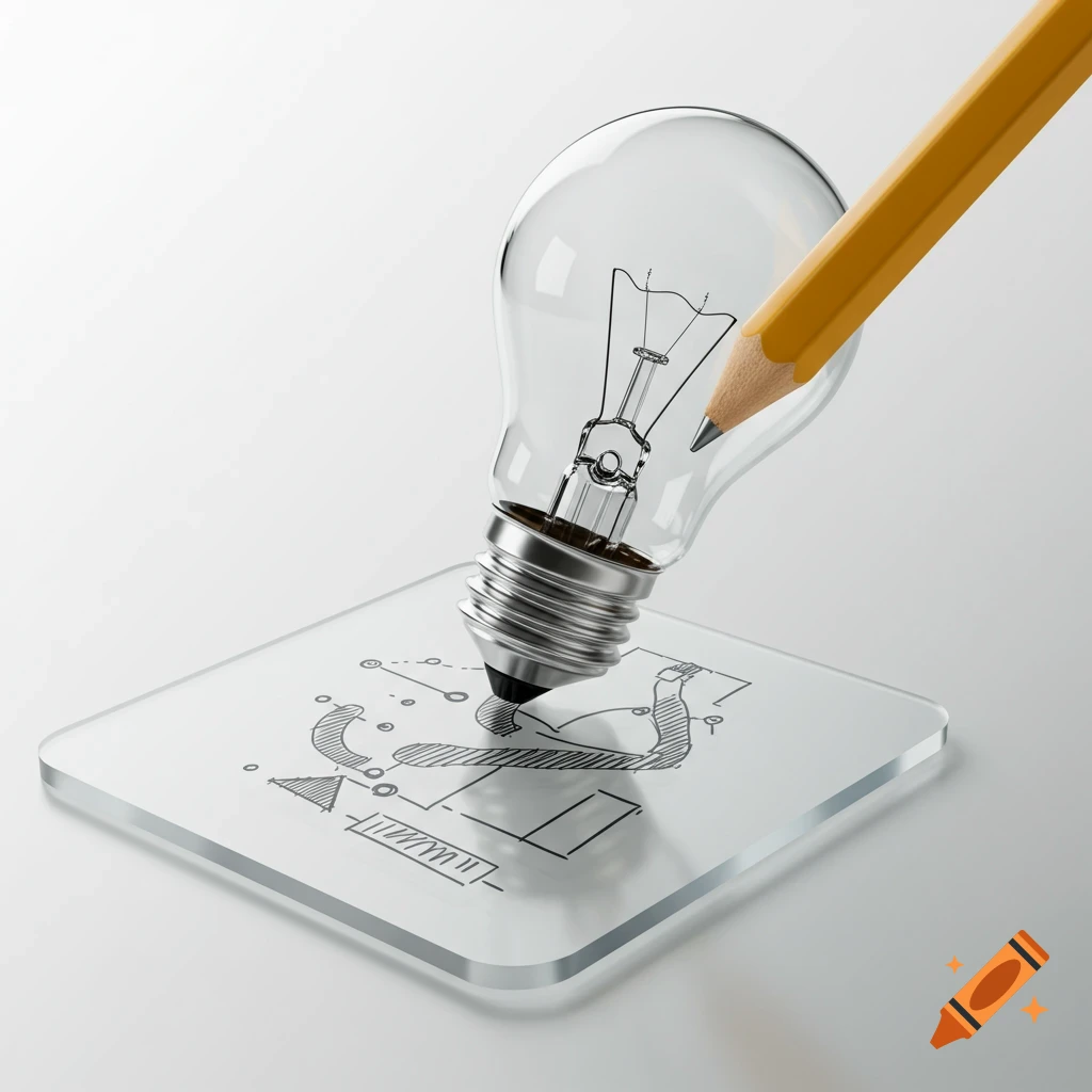 A lightbulb with its base acting as a pencil tip draws abstract lines on a transparent square surface.