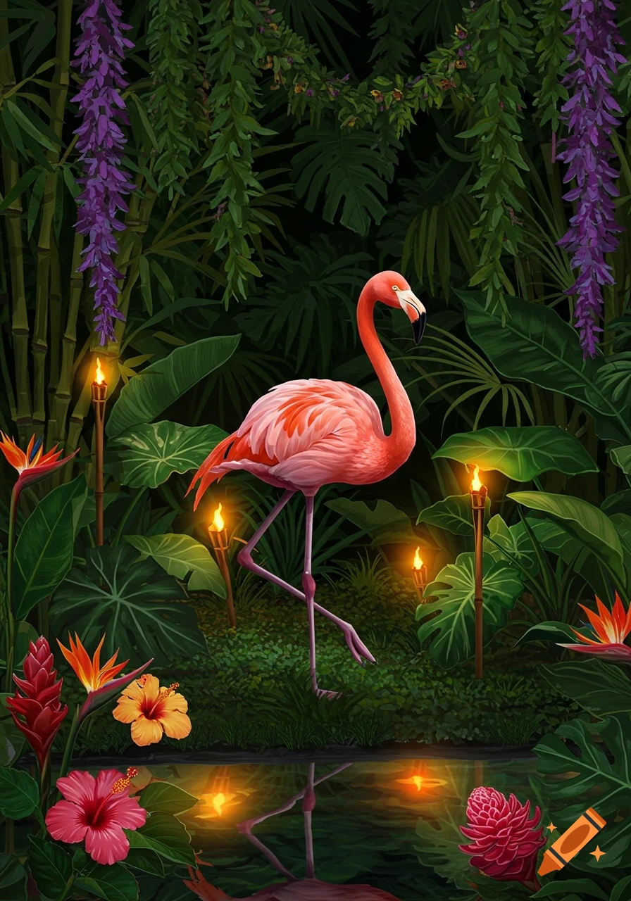 An illustrative image of a pink flamingo standing in a vibrant jungle surrounded by tropical plants, flowers, and glowing torches, reflected in a pool of water.
