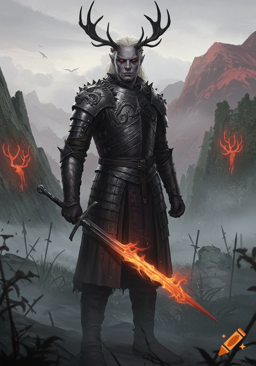 A grey-skinned warrior with antlers, white hair, and red eyes stands in black armor, holding a flaming sword in a misty, dark fantasy mountain landscape.