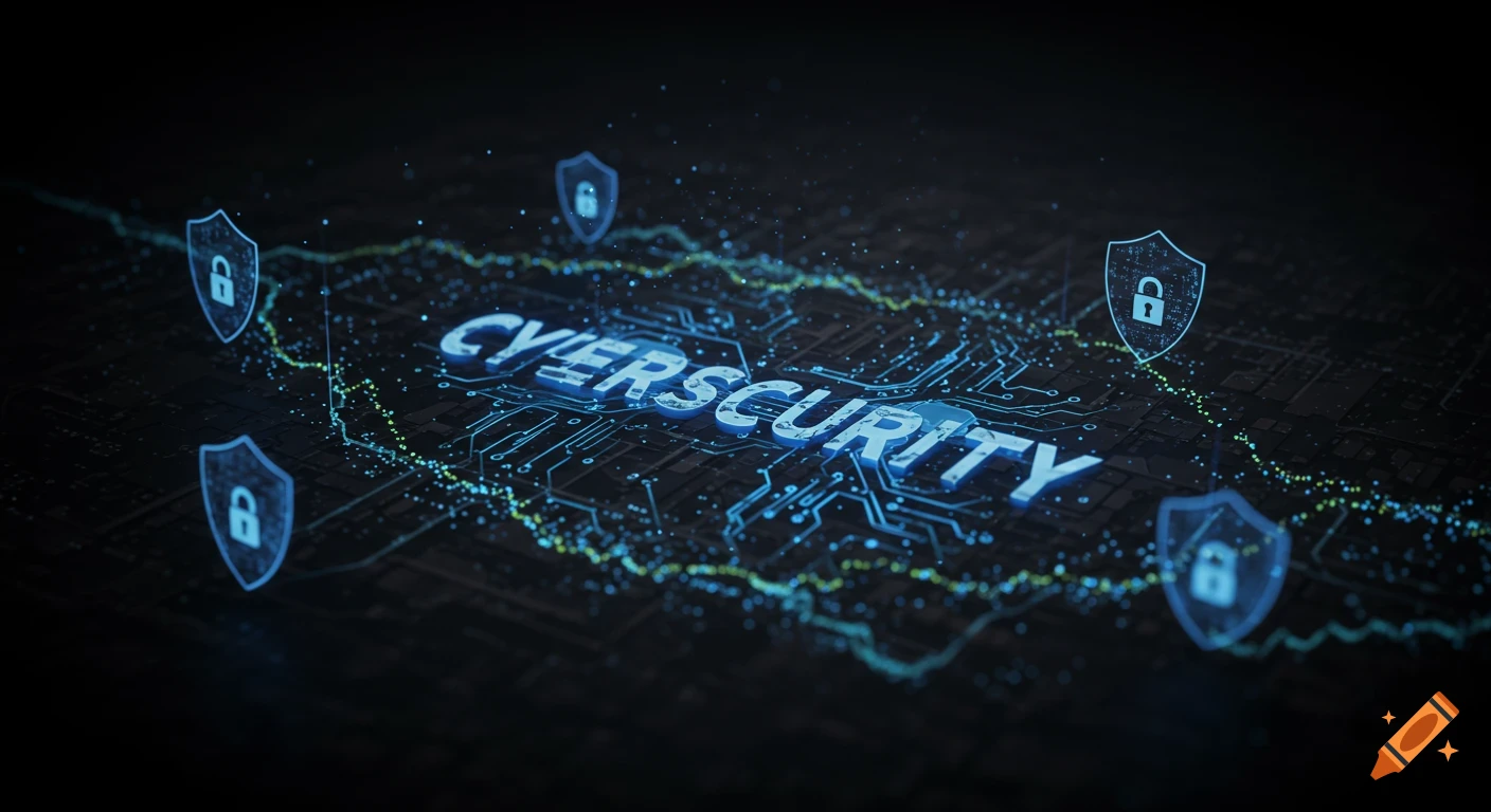 The word CYBERSECURITY in blue text over a dark digital circuit board with glowing lines and shield icons.