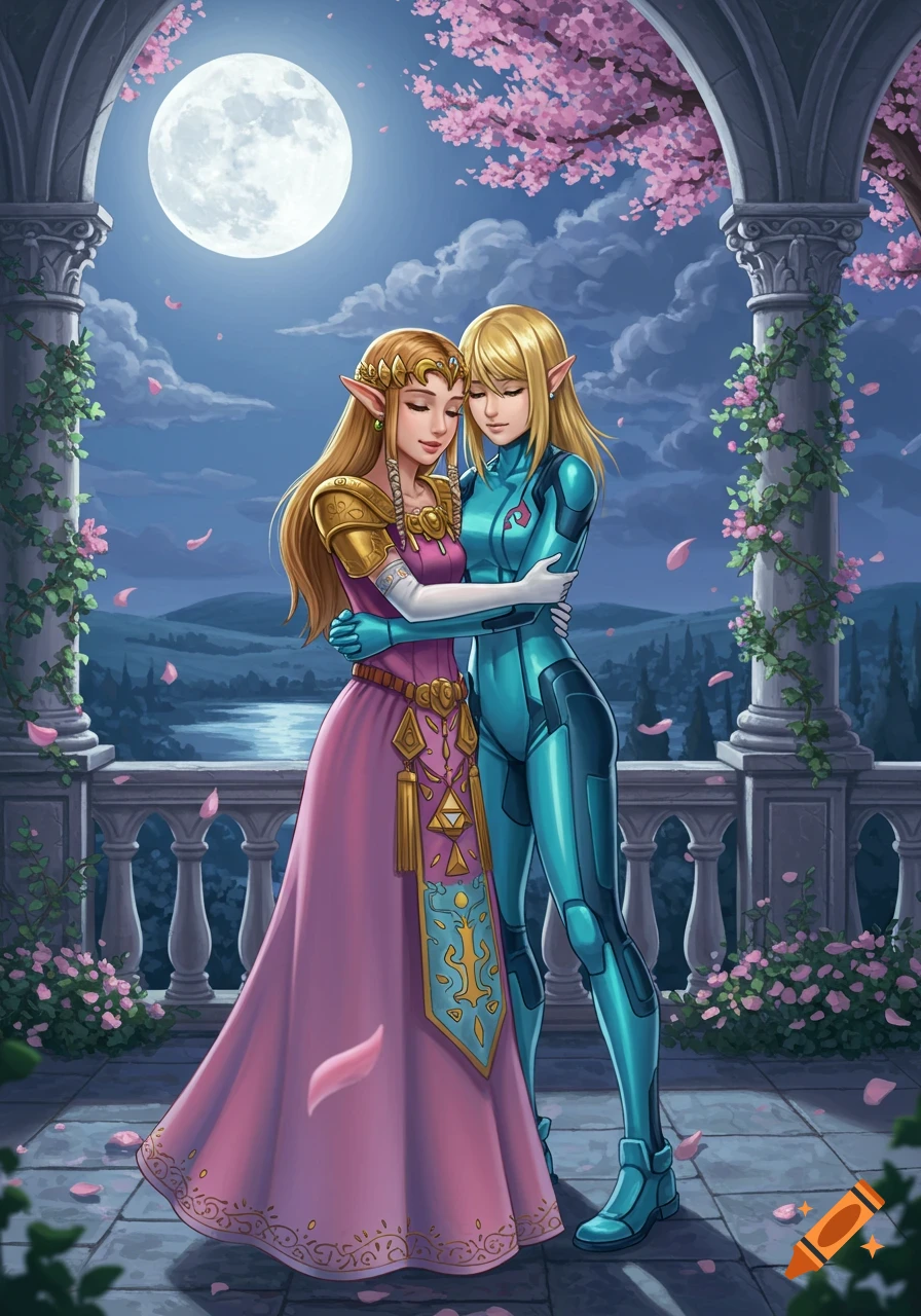 Princess Zelda and Samus Aran embrace on a moonlit castle terrace with falling cherry blossoms.