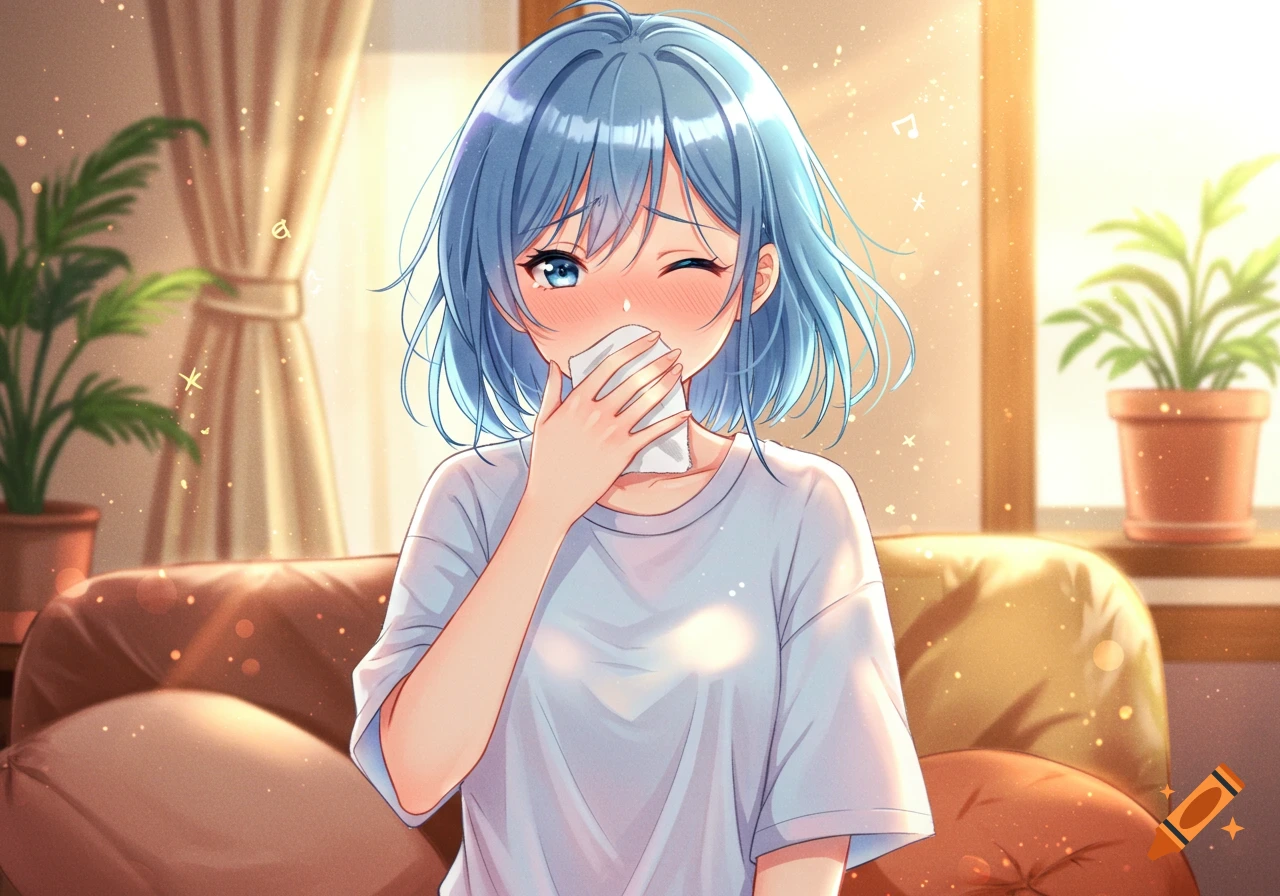 An anime girl with blue hair and an oversized white t-shirt winks while blushing and covering her mouth, sitting on a couch in a sunlit room.