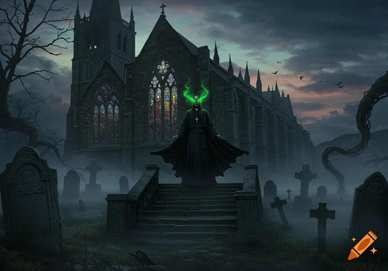 An evil priest-like figure with glowing green eyes stands on steps in front of a gothic church and misty graveyard at dusk.